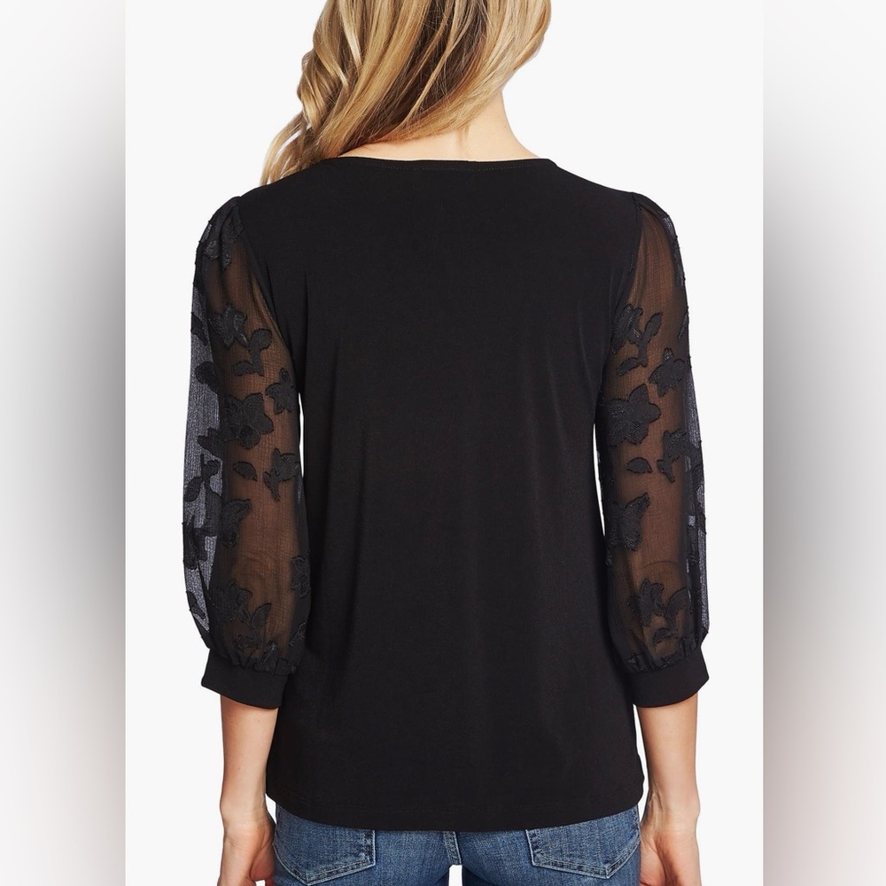 CeCe Black Floral Sheer Sleeve Blouse - Picture 2 of 7